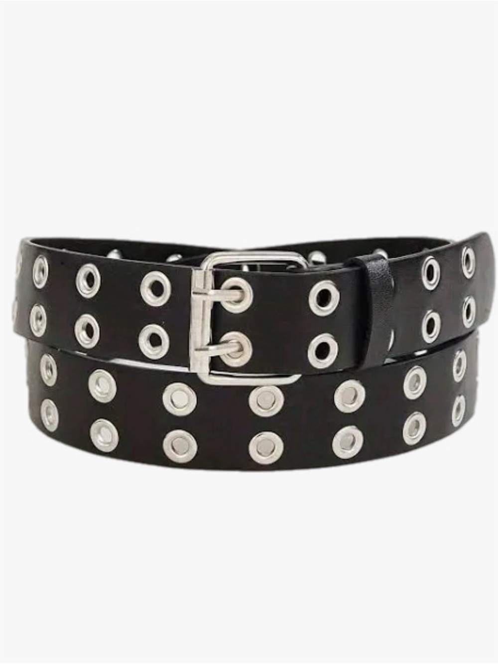 NWOT Y2K Black Silver Double Row Grommet Belt Unisex Size Medium 36in - Picture 2 of 4